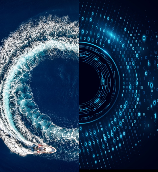 Split image showing an overhead view of a speedboat creating a circular wake on deep blue water on the left and a digital ring made of glowing blue binary code on the right, symbolizing the connection between real‑world movement and data intelligence.