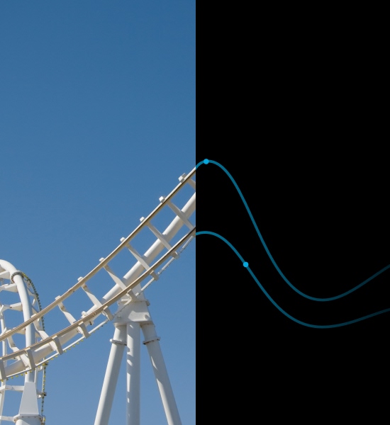 Split image showing a white roller‑coaster track against a blue sky on the left and a smooth blue data curve on a black background on the right, symbolizing the connection between real‑world dynamics and data modeling