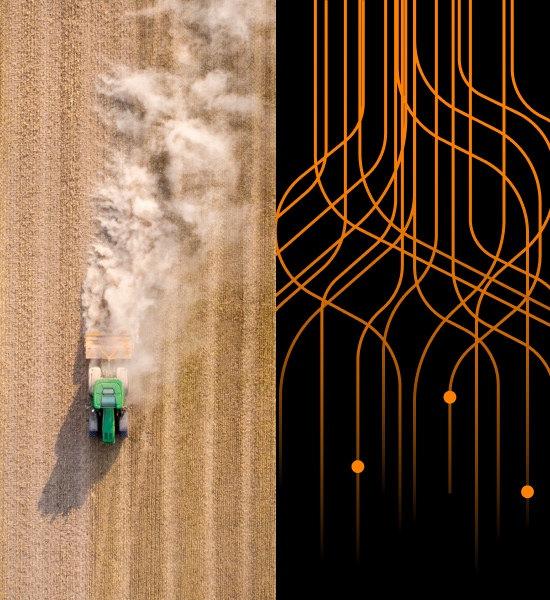 Split image showing an aerial view of a tractor harvesting a field with dust trailing behind on the left and curved orange digital lines on a black background on the right, symbolizing the connection between agricultural operations and data‑driven technology