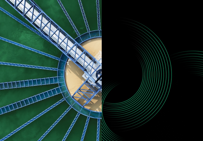 Split graphic showing an overhead view of a circular industrial structure with blue supports over green water on the left and a series of curved green digital lines on a black background on the right, symbolizing the link between physical systems and data‑driven technology
