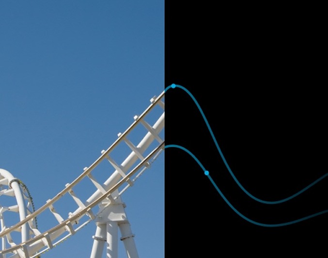 Split image showing a white roller‑coaster track against a blue sky on the left and a smooth blue data curve on a black background on the right, symbolizing the connection between real‑world dynamics and data modeling