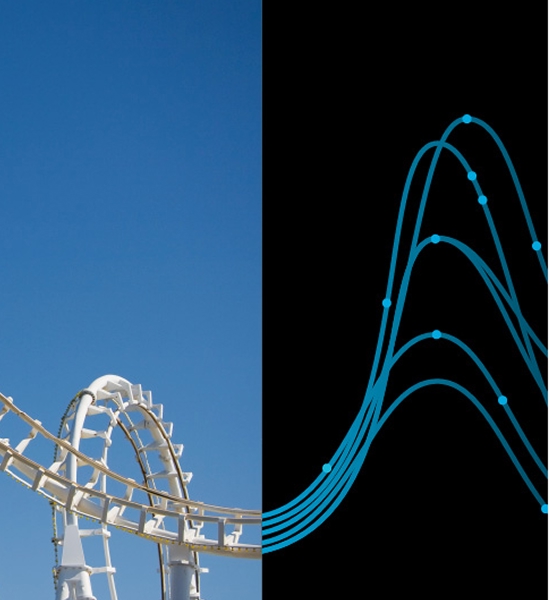 Split image showing a white roller‑coaster track against a blue sky on the left and a smooth blue data curve on a black background on the right, symbolizing the connection between real‑world dynamics and data modeling