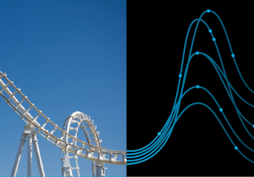 Split image showing a white roller‑coaster track against a blue sky on the left and a smooth blue data curve on a black background on the right, symbolizing the connection between real‑world dynamics and data modeling